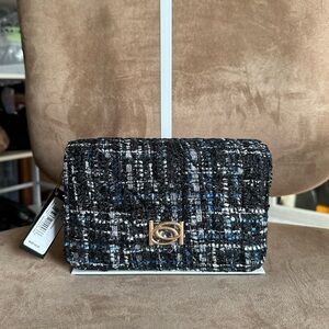 BEBE Kamala Tweed Small Crossbody Bag, Black/Blue/Gold, New with Tag